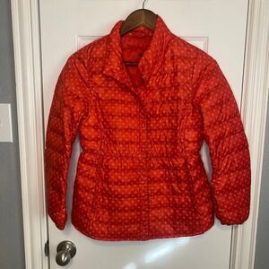 Uniqlo Girls 11 Puffer‎ Jacket Orange White Polka Dot Lightweight Zip Front